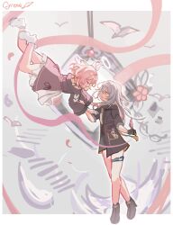 2girls bare_legs black_coat black_footwear black_shoes black_skirt coat cyrene_(honkai:_star_rail) duo flower from_side grey_hair hair_between_eyes hair_ornament highres holding_feather holding_quill honkai:_star_rail honkai_(series) ko_(assd_009) looking_at_another looking_at_each_other looking_to_the_side medium_hair pink_hair quill short_hair stelle_(honkai:_star_rail) thigh_strap trailblazer_(honkai:_star_rail) white_dress white_footwear white_shoes