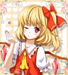  blown_kiss blush bow bust flandre_scarlet flower hair_bow heart mount_whip nail_polish no_hat no_headwear o3o pink_rose red_eyes rose short_hair side_ponytail solo the_embodiment_of_scarlet_devil touhou wings wink 
