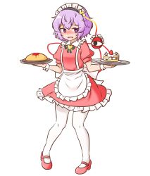  1girl alternate_costume apron blush commentary_request dress embarrassed enmaided eyeball food frilled_shirt_collar frills full_body hair_between_eyes hair_ornament hairband hands_up heart heart_hair_ornament highres holding holding_tray komeiji_satori looking_to_the_side maid mary_janes mizusoba omelet omurice pantyhose parted_lips pigeon-toed purple_hair raised_inner_eyebrows red_dress shoes short_hair simple_background solo third_eye touhou tray violet_eyes waist_apron white_background white_pantyhose 