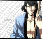  black_eyes black_hair bust ink ishikawa_goemon_xiii japanese_clothes katana kimono lupin_iii male open_clothes open_kimono open_yukata pizaya s_tanly solo sword weapon 