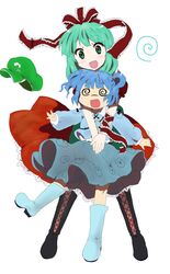  @_@ blue_hair boots cross-laced_footwear dress green_eyes green_hair hair_bobbles hair_ornament hair_ribbon hat hat_removed headwear_removed hug kagiyama_hina kawashiro_nitori key kisela lace-up_boots misa_(mikarin) multiple_girls open_mouth ribbon short_hair swirl_eyes touhou v_arms 