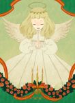  bell blonde_hair candle christmas closed_eyes copyright_request dress eyes_closed flower halo hands_clasped interlocked_fingers l_hakase long_hair long_sleeves open_mouth orange_rose rose solo star wings 