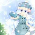  blue_eyes blue_hair blush coat hat kurata_yumi long_hair mittens original outstretched_arm outstretched_hand scarf snow snowflakes solo winter winter_clothes 