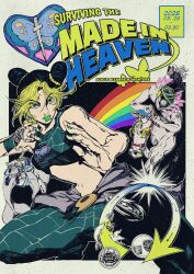  1girl 2girls absurdres bare_shoulders baseball_cap baseball_uniform bird black_hair black_pants blonde_hair blue_shoes breasts bug bun_with_braided_base butterfly commentary crop_top dated dolphin double_bun emporio_alnino english_commentary enrico_pucci fingernails flower green_eyes green_lips green_nails hair_bun hat highres jojo_no_kimyou_na_bouken kimeohandream kujo_jolyne looking_at_viewer made_in_heaven_(stand) multicolored_hair multiple_girls nail_polish navel pants plant ponytail rainbow second-party_source shirt shoes shorts small_breasts sportswear stand_(jojo) stone_free stone_ocean string tan two-tone_hair western_comics_(style) white_hair white_shirt white_shorts 