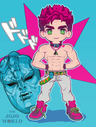  1boy abs arms_behind_back belt birthmark boots chibi collar commentary_request green_belt green_eyes grey_pants jewelry joestar_birthmark jojo_no_kimyou_na_bouken jonathan_joestar male_focus menacing_(jojo) muscular muscular_male navel outline pants phantom_blood pink_boots pink_hair shoes smile sneakers solo standing star_(symbol) stone_mask_(jojo) topless_male triangle_(print) 