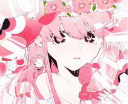  1girl balloon bare_shoulders black_eyes blush cho96850 close-up commentary flower glass_shards head_wreath highres holding holding_flower just_be_friends_(vocaloid) limited_palette long_hair long_sidelocks looking_at_viewer megurine_luka multicolored_eyes parted_lips pink_eyes pink_flower pink_hair pink_nails pink_theme portrait sidelocks solo swept_bangs symbol-only_commentary triangle_nose two-tone_eyes vocaloid watermark 