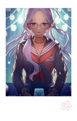  1girl absurdres bindi black_sailor_collar black_shirt card commentary_request dark-skinned_female dark_skin fate/extra fate/extra_ccc fate_(series) glasses highres long_hair long_sleeves looking_at_viewer neckerchief official_alternate_costume open_mouth purple_hair rani_viii red_neckerchief sailor_collar sanbon_hijiki school_uniform shirt solo table tsukumihara_academy_uniform_(fate/extra_ccc) very_long_hair violet_eyes 