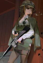  ai-assisted ar-15 assault_rifle braid cigarette explosive eyepatch girls_frontline grenade grenade_pin gun hazel_eyes highres holding holding_grenade holding_weapon m16 m16a1_(girls&#039;_frontline) multicolored_hair panama rifle scar scar_on_face skirt smoking takemori_kohoto thighs two-tone_hair weapon 