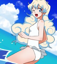  1girl blonde_hair blue_hair breasts loli long_hair looking_back multicolored_hair nia_teppelin open_mouth smile solo sugar_(artist) swimsuit teen teenage tengen_toppa_gurren-lagann tengen_toppa_gurren_lagann two-tone_hair wink 