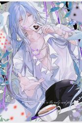  1boy beckoning bird black_pants blurry blurry_foreground border bracelet cael_anselm card chinese_commentary closed_mouth cross-laced_clothes cross-laced_top cup dove dutch_angle english_text floating_card frilled_shirt frills hair_between_eyes hand_up high-waist_pants highres holding holding_card jewelry letterboxed long_bangs long_hair long_sleeves looking_at_viewer lovebrush_chronicles male_focus multiple_bracelets official_alternate_costume paint_on_body paint_splatter paint_splatter_on_face pants plant playing_card plunging_neckline purple_ribbon ribbon shirt smile solo straight-on table tea teacup upper_body very_long_hair violet_eyes watermark weibo_watermark white_border white_hair white_shirt youl_0014 