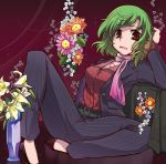  album_cover alternate_costume baby's-breath belt contemporary cover daisy flower formal green_hair hand_in_hair inuinui kazami_yuuka lily_(flower) pant_suit pinstripe_pattern reclining red_eyes scarf short_hair sitting smile solo suit touhou vase youkai 