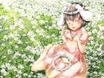  animal_ears barefoot blus blush brown_hair bunny_ears carrot closed_eyes clover clover_(flower) error flower flower_field four-leaf_clover hair_flower hair_ornament head_wreath inaba_tewi jewelry pendant sitting solo sugiyuu touhou wariza wreath 