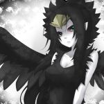  black_hair black_wings breasts cleavage duel_monster fabled_grimro feathers hair_ornament pale_skin pointy_ears red_sclera shintani_tsushiya solo wings yu-gi-oh! yuu-gi-ou yuu-gi-ou_duel_monsters 