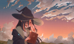  black_hair book clouds cloudy_sky dusk hair_over_one_eye hat heaven_burns_red highres long_hair long_sleeves multiple_girls one_eye_covered red_eyes risai sky tears tenne_miko very_long_hair witch_hat 