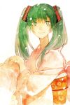  bad_id green_eyes green_hair hatsune_miku japanese_clothes kaka123 kimono light_smile obi simple_background smile solo twintails vocaloid 