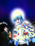 blue_eyes blue_hair christmas_tree cosplay dress glowing hat highres ikamusume kaburaya_seiden long_hair shinryaku!_ikamusume tentacle_hair 