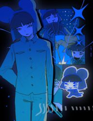  1boy arm_behind_back black_background blue_theme card commentary_request cowboy_shot extra_eyes highres holding holding_card holding_needle looking_at_viewer male_focus military_uniform monochrome mouse_hat multiple_views needle playing_card randal&#039;s_friends ratman_4_(randal&#039;s_friends) sewing_needle sharp_teeth shieriru short_hair teeth 