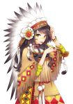  black_hair bracelet brown_hair face_paint facepaint facial_mark feathers fringe green_eyes headdress indian_clothes indian_headdress jewelry long_hair nardack native_american native_american_headdress original pipe ring simple_background solo warbonnet white_background 