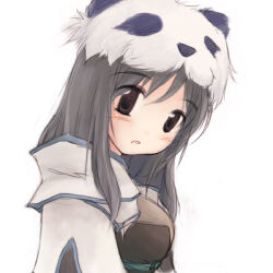  1girl 2000s_(style) bad_id blush breasts brown_eyes brown_shirt grey_hair hunter_(ragnarok_online) jacket long_hair looking_at_viewer looking_to_the_side lowres medium_breasts panda_hat ragnarok_online shirt short_sleeves simple_background solo upper_body white_background white_jacket yukitarou_(awamori) 