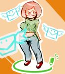  /\/\/\ 1girl artist_request blush bob_cut breasts brown_hair glasses jeans large_breasts midriff navel nikki_(swapnote) nyoronde ribbed_sweater short_hair solo standing swapnote sweater 