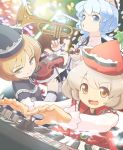  blonde_hair blue_eyes blue_hair bow_(instrument) brown_hair danmaku hat instrument keyboard_(instrument) kurobuta_gekkan lunasa_prismriver lyrica_prismriver merlin_prismriver multiple_girls orange_eyes siblings sisters touhou trumpet violin yellow_eyes 