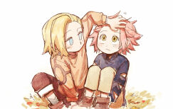  2girls 79x_(ox79xo) aged_down blonde_hair blue_eyes closed_mouth green_eyes hand_on_another's_head haruno_sakura highres long_sleeves looking_at_another multiple_girls naruto naruto_(series) pants pink_hair shirt short_hair sitting white_background yamanaka_ino 