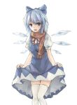  :d bad_id blue_eyes blue_hair bow cirno curtsey dress_left dress_lift hair_bow open_mouth scarf short_hair smile solo thigh-highs thighhighs touhou white_legwear wings xiao_qiang_(overseas) 