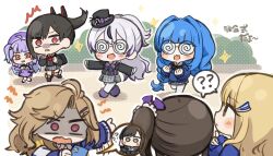  6+girls :d ? ^^^ ahoge arcana_(nikke) beret black_bow black_hair black_hat black_jacket blonde_hair blue_hair blue_sweater blush_stickers bow braid brown_hair cellphone character_request chibi coke-bottle_glasses glasses goddess_of_victory:_nikke grey_hair grey_skirt hair_intakes hair_ornament hair_ribbon hairclip hat holding holding_phone holding_stuffed_toy jacket long_hair long_sleeves low_twintails mini_hat multicolored_hair multiple_girls naga_(nikke) one_side_up parted_bangs phantom_(nikke) phone plaid_clothes plaid_skirt ponytail puffy_long_sleeves puffy_sleeves purple_bow purple_hair purple_hat purple_ribbon red_eyes rei_(nikke) ribbon school_uniform shaded_face shared_speech_bubble shirt side_ponytail skirt sleeves_past_wrists smile sparkle speech_bubble spoken_question_mark streaked_hair stuffed_animal stuffed_penguin stuffed_toy sweater tilted_headwear top_hat totatokeke translation_request twin_braids twintails very_long_hair violet_eyes wavy_mouth white_shirt 