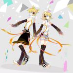  bare_shoulders blonde_hair blue_eyes brother_and_sister detached_sleeves hair_ornament hair_ribbon hairclip hako_(swimjelly) hand_holding headphones holding_hands kagamine_len kagamine_len_(append) kagamine_rin kagamine_rin_(append) leg_warmers midriff navel navel_cutout ribbon short_hair shorts siblings standing twins vocaloid vocaloid_append 