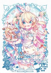  1girl :d ace_(playing_card) ace_of_spades apron blonde_hair blue_dress blue_eyes blue_hair blush bow bow_choker card chair chinese_commentary choker commentary_request cropped_legs cup dress flower frilled_dress frills highres holding holding_plate hyou_(pixiv3677917) long_hair looking_at_viewer multicolored_hair open_mouth original plate playing_card playing_card_hair_ornament rabbit rose short_sleeves smile solo spade_(shape) streaked_hair table teapot white_apron white_choker white_flower white_rose 