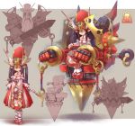  bare_shoulders black_hair breasts chair cleavage clog_sandals closed_eyes club demon_girl earrings eyes_closed hat japanese_clothes jewelry machine mecha oni original pink_skin pointy_ears red_eyes robot sankuma sheath sheathed shougi solo sword throne weapon wink 
