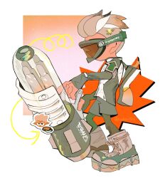  1boy bakori514_(h_akka) ballpoint_splatling_(splatoon) boots brown-tinted_eyewear covered_eyes covered_face covered_mouth from_side full_body goggles green_leggings grey-framed_eyewear grey_boots grey_shirt grey_shorts hair_slicked_back highres holding holding_weapon inkling_boy inkling_player_character leggings leggings_under_shorts male_focus pointy_ears shirt short_hair shorts ski_goggles sleeves_past_wrists solo splatoon_(series) splatoon_3 squiggle standing tinted_eyewear twitter_username two-handed two-tone_shirt undercut very_short_hair weapon white_background white_shirt 