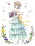  bare_shoulders blue_door bouquet breasts cleavage dress flower frilled_dress frills gloves green_eyes hair_flower hair_ornament head_wreath heart high_heels highres komeiji_koishi open_mouth ribbon shoes short_hair silver_hair smile solo third_eye touhou 