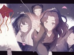  2boys 2girls aged_down aqua_eyes arr_1l black_eyes black_hair black_hanfu chinese_clothes closed_eyes double_bun falling_petals hair_bun hanfu heterochromia high_ponytail highres holding_kite hong_lu_(project_moon) jia_huan_(project_moon) jia_xichun_(project_moon) kite letterboxed limbus_company limited_palette lin_daiyu_(project_moon) long_hair long_sleeves looking_ahead looking_at_another multiple_boys multiple_girls open_mouth petals pink_petals ponytail project_moon smile teeth upper_teeth_only white_hanfu wide_sleeves yellow_eyes 