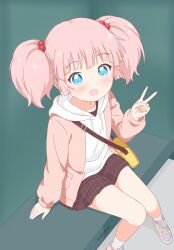  1girl bag blue_eyes blush child chrislu07 dot_nose highres hood hoodie long_sleeves looking_at_viewer open_clothes open_mouth pink_hair shoes shoulder_bag sitting skirt socks solo twitter_username v white_socks yoshikawa_chinatsu yuru_yuri 