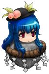  301 blue_hair food fruit hat hinanawi_tenshi keystone long_hair peach red_eyes shide shimenawa solo touhou yukkuri_shiteitte_ne 