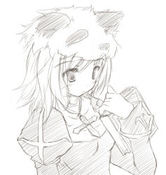  1girl 2000s_(style) bad_id blush book closed_mouth cross cross_necklace dress expressionless greyscale holding holding_book jewelry juliet_sleeves long_sleeves looking_afar medium_hair monochrome necklace panda_hat priest_(ragnarok_online) puffy_sleeves ragnarok_online simple_background sketch solo upper_body yukitarou_(awamori) 
