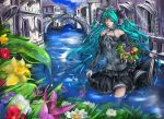  boat bridge closed_eyes eyes_closed fish flower hatsune_miku highres leaf light_smile long_hair plant skirt skirt_lift sukya twintails vocaloid wading water 