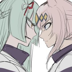  2girls an_(cybersexywife) animal_ears aqua_hair blue_eyes blunt_sidelocks braid clenched_teeth commentary_request ear_ribbon eye_contact face-to-face faceoff from_side fujimasa_march_(umamusume) grey_hair highres horse_ears horse_girl kasamatsu_tracen_training_uniform korean_commentary looking_at_another multiple_girls oguri_cap_(umamusume) portrait profile rivalry sidelocks simple_background teeth tsurime umamusume umamusume:_cinderella_gray white_background yellow_eyes 
