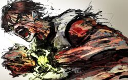  ben_10 ben_tennyson brown_hair colored_skin energy extra_eyes four_arms_(ben_10) glowing glowing_eyes green_eyes green_light hand_up highres kyezzzz multicolored_skin omnitrix open_mouth red_skin shirt short_hair short_sleeves transformation two-tone_skin upper_body v-shaped_eyebrows veins white_shirt 