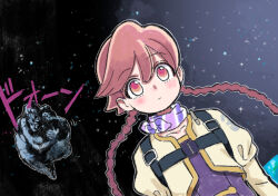  1boy 1girl apocalypse_hotel battle_tendency blush braid brown_hair closed_mouth commentary cropped_jacket crossover dress earth_(planet) expressionless floating floating_hair hair_between_eyes jacket jojo_no_kimyou_na_bouken juliet_sleeves kars_(jojo) kars_stopped_thinking_(meme) long_hair long_sleeves meme montaro482436 orange_eyes planet puffy_sleeves purple_dress purple_scarf rock scarf scene_reference sound_effects space star_(sky) twin_braids twintails white_jacket yachiyo_(apocalypse_hotel) 