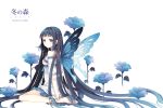  barefoot black_hair blue blue_eyes blush butterfly_wings dress earrings face flower hands_on_feet jewelry long_hair looking_back original profile sitting solo tearfish very_long_hair wariza wings 