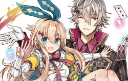  1boy 1girl alice_(grimms_notes) alice_(shinsei)_(grimms_notes) apron aqua_eyes aqua_hairband aqua_skirt blonde_hair brown_coat card carrying carrying_person coat collar collared_shirt dress frilled_collar frills gloves grey_hair grimms_notes hairband highres lewis_carroll_(grimms_notes) lewis_carroll_(original)_(grimms_notes) long_hair looking_at_viewer mole mole_under_eye open_mouth pink_shirt playing_card red_eyes retsuto shirt short_hair skirt smile v white_apron white_background white_collar white_gloves yellow_dress 