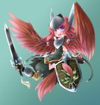  braid feathered_wings harpy long_hair nakuru original pink_hair purple_eyes shield solo sword violet_eyes weapon 