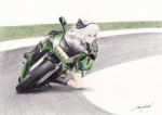  bikesuit blue_eyes colored_pencil_(medium) hairband honda konpaku_youmu motor_vehicle motorcycle rpracing short_hair signature silver_hair solo touhou traditional_media vehicle 