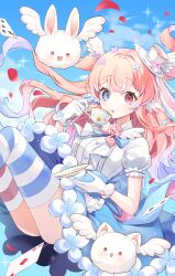  1girl :o absurdres apron artist_request back_bow blue_bow blue_bowtie blue_flower blue_skirt blue_sky bow bowtie breasts brooch buttons card clouds collared_shirt colored_lineart commission creature cup day ear_wings falling falling_petals flipped_bangs flower flower-trimmed_dress flower_brooch flower_trim frilled_gloves frills glint gloves hair_flower hair_ornament hair_wings hand_up heart_button heterochromia highres holding holding_cup indie_virtual_youtuber jewelry knees_up lolita_fashion long_hair looking_at_viewer midair open_mouth outdoors petals pink_bow pink_bowtie pink_eyes pink_flower pink_hair plate playing_card puffy_short_sleeves puffy_sleeves red_eyes red_petals second-party_source shirt short_sleeves skirt sky small_breasts solo sparkle teacup teacup_hat two-tone_bow two-tone_bowtie two_side_up waist_apron white_gloves wide-eyed wing_brooch wing_collar zettai_ryouiki 