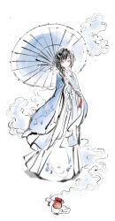  1girl absurdres beizi_(clothing) black_hair braid chinese_clothes closed_mouth clouds dress full_body hair_ornament hanfu highres holding holding_umbrella ink_wash_painting long_hair long_sleeves looking_at_viewer mansui_(adulthood)_(the_hungry_lamb) mansui_(the_hungry_lamb) mole mole_under_eye oil-paper_umbrella simple_background solo standing the_hungry_lamb:_traveling_in_the_late_ming_dynasty umbrella white_background wide_sleeves xiee_fufu 