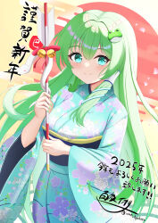  1girl 2025 absurdres arrow_(projectile) blue_kimono blush breasts chinese_zodiac closed_mouth commentary_request floral_print floral_print_kimono frog_hair_ornament green_eyes green_hair hair_ornament hamaya happy_new_year highres holding hyakuya_iori japanese_clothes kimono kochiya_sanae large_breasts long_hair long_sleeves looking_at_viewer new_year obi print_kimono sash single_sidelock smile snake_hair_ornament solo touhou translation_request twitter_username upper_body wide_sleeves year_of_the_snake 