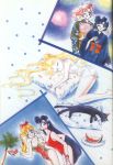  5girls aino_minako bishoujo_senshi_sailor_moon highres hino_rei kimono kino_makoto lingerie luna_(sailor_moon) mizuno_ami official_art one-piece_swimsuit one_piece_swimsuit pillow_hug sleeping swimsuit takeuchi_naoko tsukino_usagi underwear watermelon 