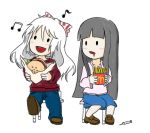  casual chibi contemporary food french_fries fujiwara_no_mokou hamburger houraisan_kaguya mcdonald&#039;s mcdonald's multiple_girls musical_note saliva soguma syringe touhou 